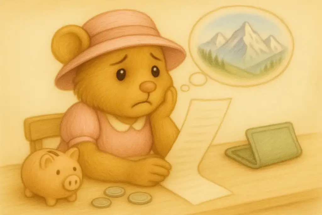 Hamster schaut sorgenvoll auf einen Zettel. Daneben steht ein Sparschwein mit ein paar einzelnen Münzen.