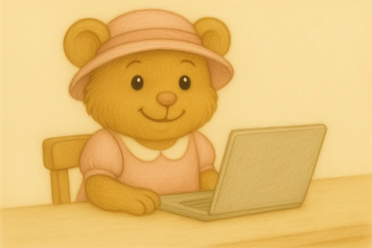 Hamsterdame mit rosa Hut sitzt vor einem Laptop