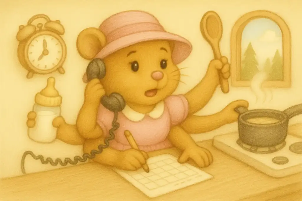 Hamster mit Hut steht an einem Tisch und schreibt, telefoniert, hält einen Kochlöffel. Alles gleichzeitig