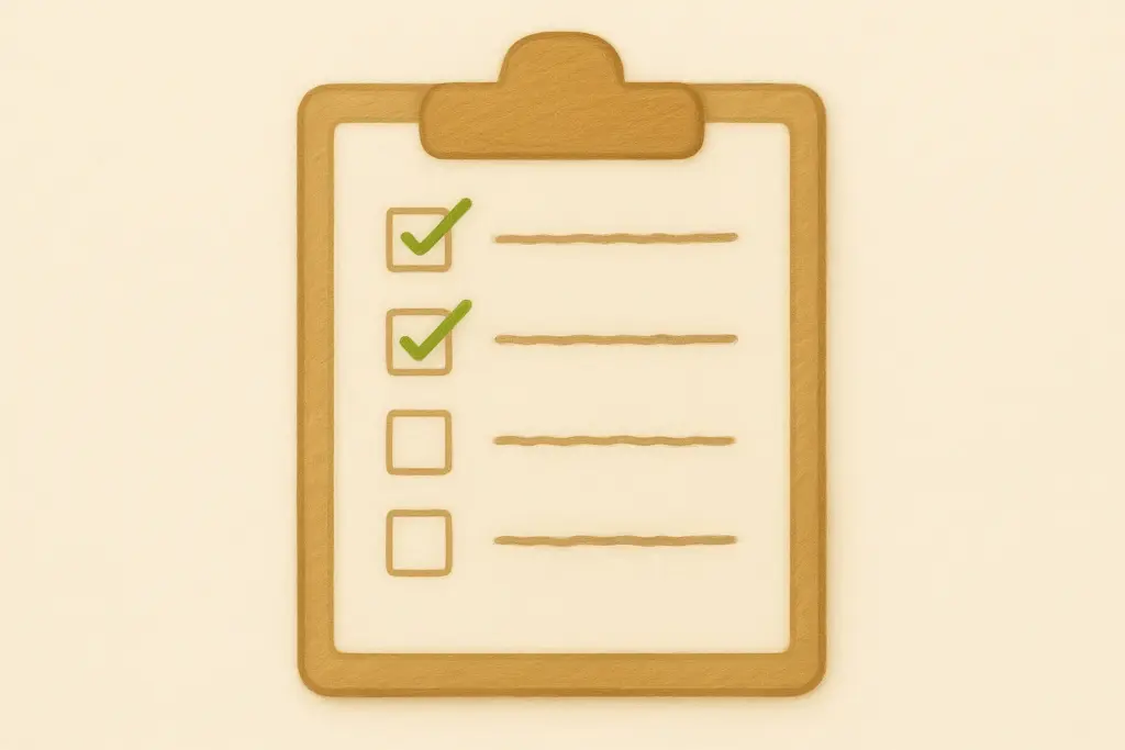 Ein Klemmbrett mit einer Checkliste mit vier Kästchen, wovon zwei abgehakt sind