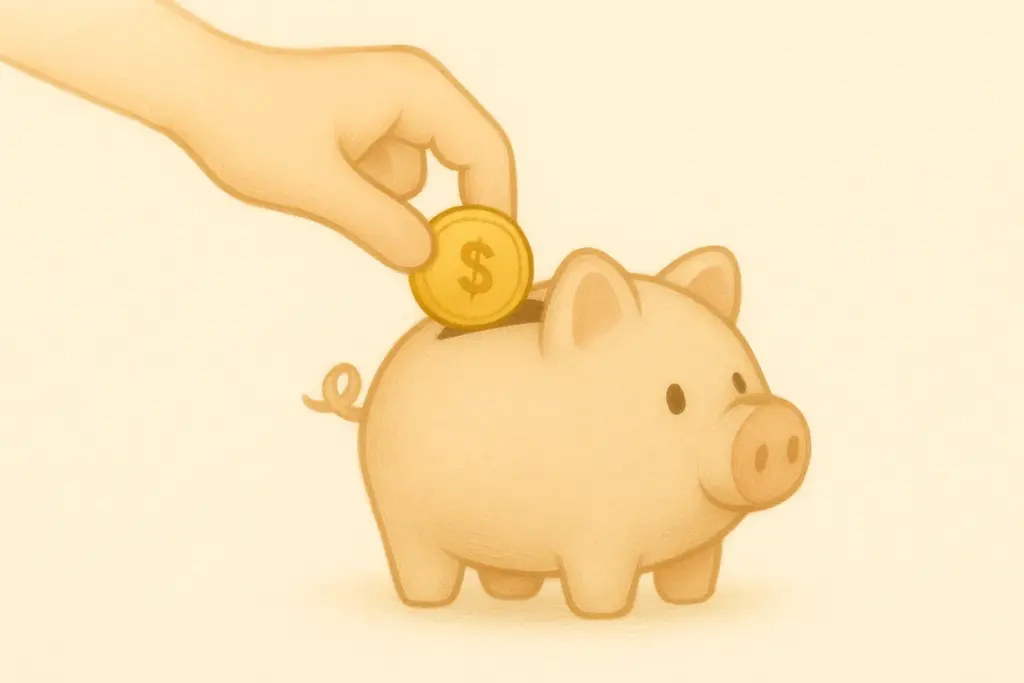 Eine Hand wirft eine Münze in ein Sparschwein