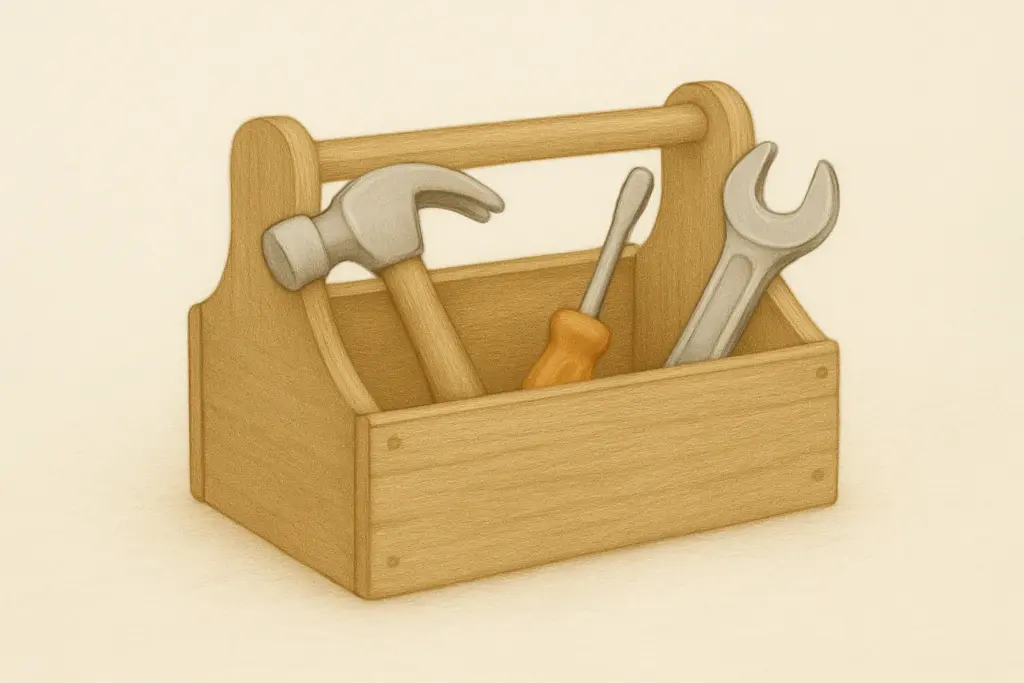 Ein Werkzeugkasten mit Schraubenzieher, Hammer und Schraubenschlüssel